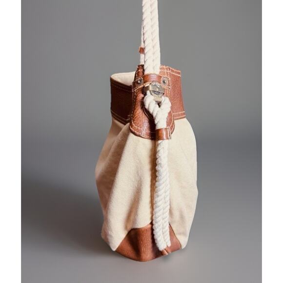 Vtg GAP Jeans Canvas Bucket Bag Tote Rope Cream Brown Leather Y2K 90s Hobo Purse - Picture 4 of 16